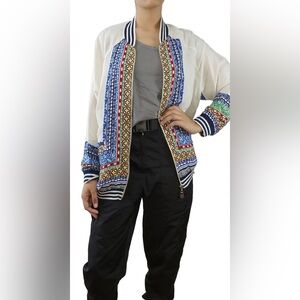 FARM Rio White Bomber Jacket with Blue, Red, Green and Yellow Print